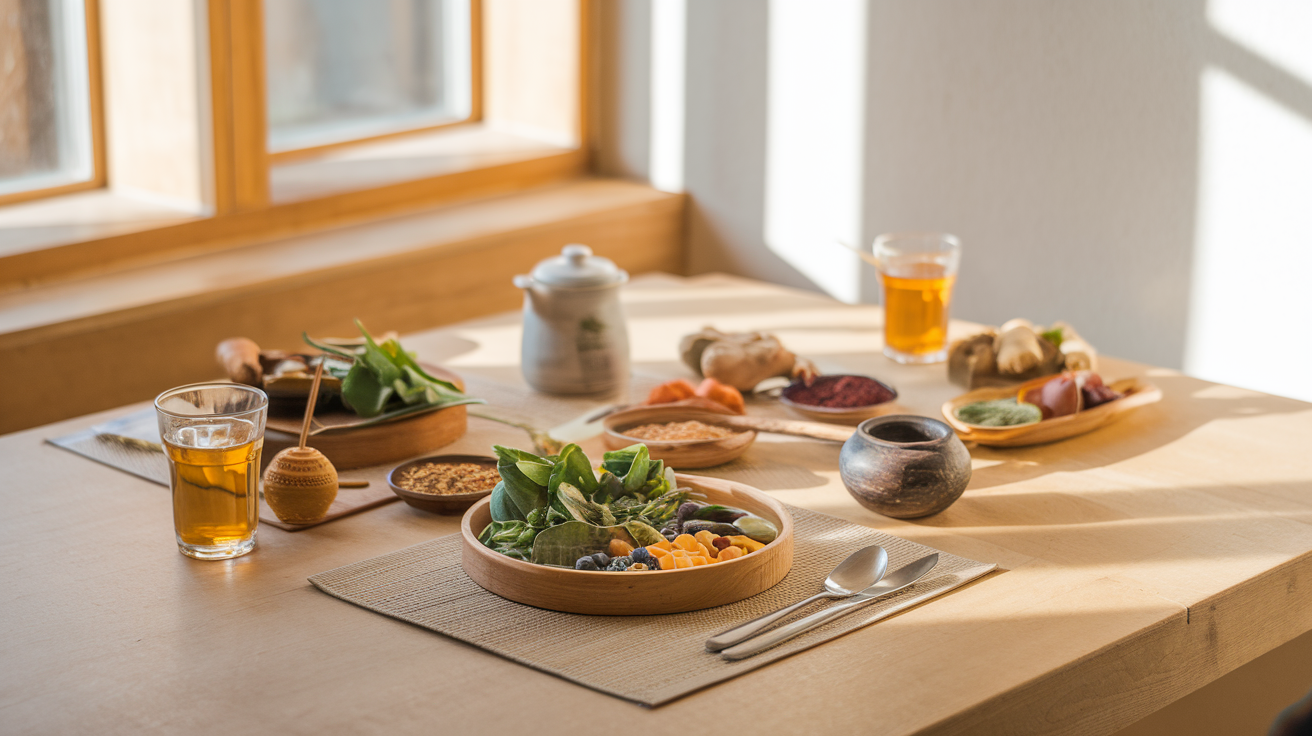 Create a realistic image of a peaceful Ayurvedic wellness setting with a light, airy atmosphere, featuring herbal teas, spices like ginger and cinnamon, and fresh leafy vegetables arranged on a warm wooden table, with sunlight streaming through windows, displaying a balanced meal plan specifically designed for Kapha dosha management.