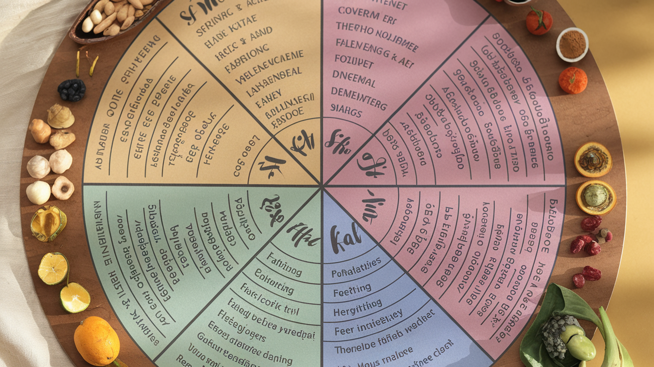 Create a realistic image of seasonal adjustments for Ayurvedic doshas showing a circular calendar with four quadrants representing seasons (spring, summer, fall, winter), each displaying different foods, activities, and herbal remedies appropriate for balancing vata, pitta, and kapha during that time, with soft natural lighting and earthy color palette.