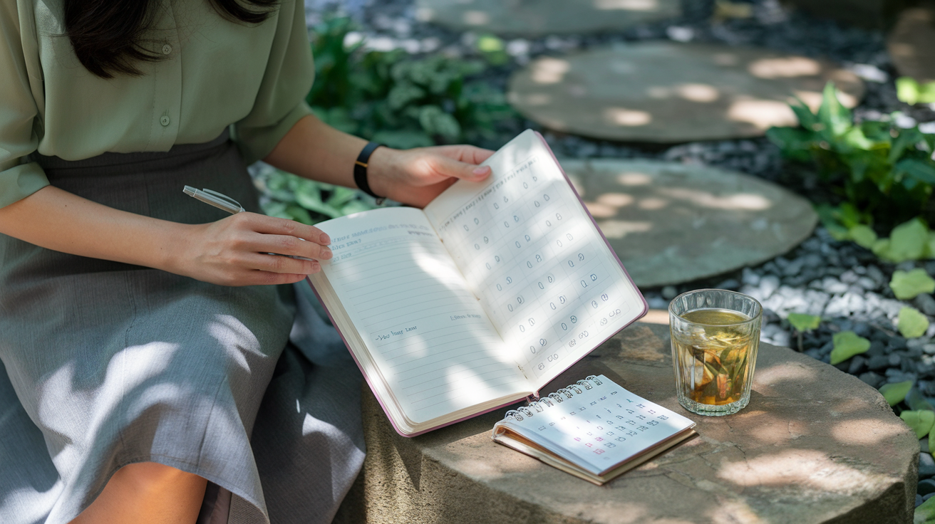Create a realistic image of a relaxed Asian woman sitting in a peaceful garden setting with a journal and pen, tracking her dosha balance with a daily progress chart visible on the page, a glass of herbal tea nearby, and a small calendar showing consistent practice, all bathed in soft natural lighting with gentle shadows suggesting balance and harmony.