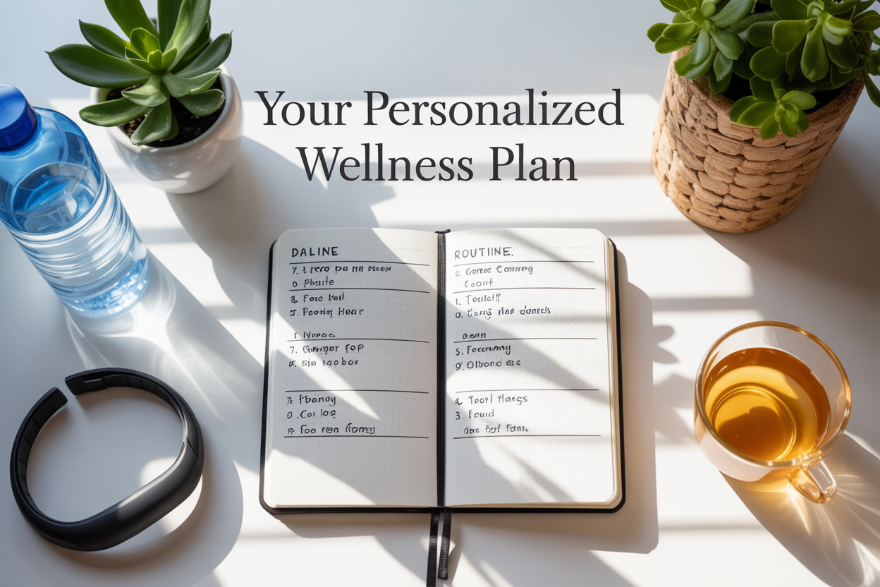 Create a realistic image of a clean, organized desk setup from above showing a journal or planner open to daily routine pages with handwritten wellness goals, surrounded by complementary wellness items including a water bottle, small potted plant, fitness tracker, and a cup of herbal tea, with soft natural morning light streaming across the scene creating gentle shadows, and the text "Your Personalized Wellness Plan" elegantly overlaid in modern sans-serif font in the upper portion of the image.
