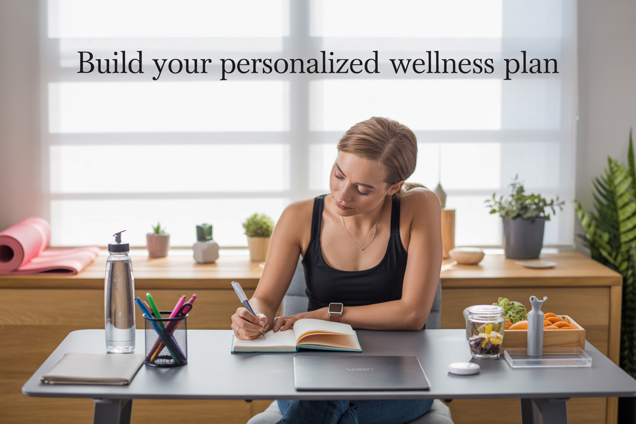 Create a realistic image of a clean, organized workspace featuring a white female in her 30s sitting at a modern wooden desk, writing in an open journal with colorful pens nearby, surrounded by wellness elements including a water bottle, small potted plants, a yoga mat rolled up in the corner, and healthy snacks, with natural lighting streaming through a window, creating a calm and focused atmosphere, and overlay text reading "Build Your Personalized Wellness Plan" in elegant, readable font.