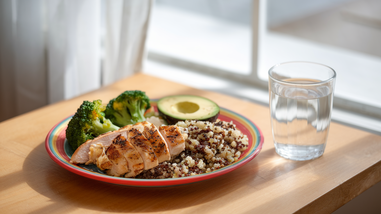 Create a realistic image of a colorful plate filled with a balanced meal, including grilled chicken breast, steamed broccoli, quinoa, and a slice of avocado, placed on a wooden table next to a glass of water, with soft natural light streaming through a window, creating a warm and inviting atmosphere that emphasizes the importance of nutritious eating.