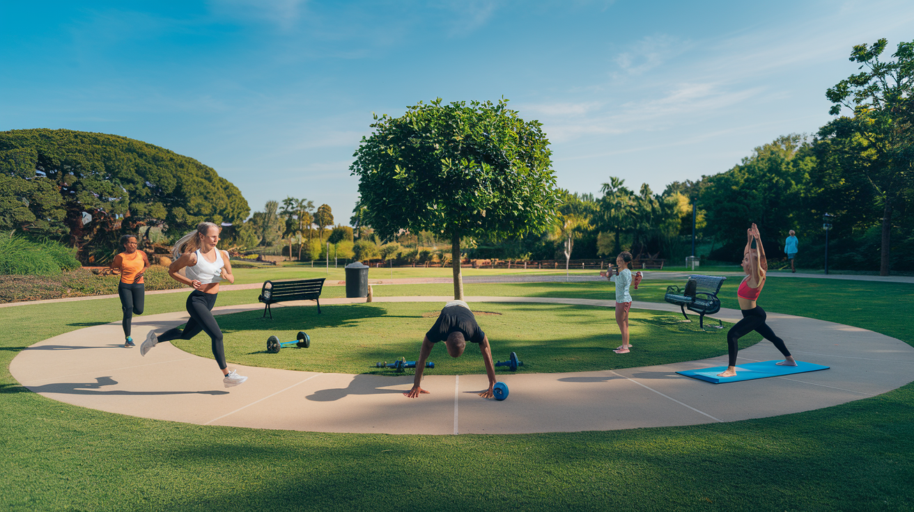 Create a realistic image of a diverse group of people engaging in various physical activities in a park setting, including a white female jogging, a black male doing push-ups, and an Asian woman practicing yoga, with exercise equipment scattered around, surrounded by lush green trees and a clear blue sky, conveying a sense of energy, vitality, and health-consciousness.