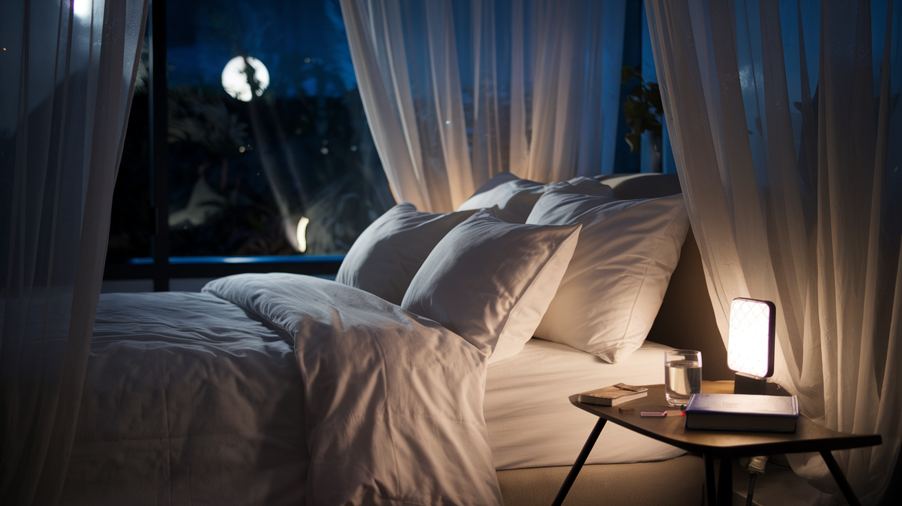 Create a realistic image of a serene bedroom at night, with soft moonlight filtering through sheer curtains, illuminating a comfortable bed with crisp white sheets and plush pillows. A bedside table features a small lamp, a book, and a glass of water. The room has a calm, peaceful atmosphere, emphasizing the importance of a restful sleep environment.