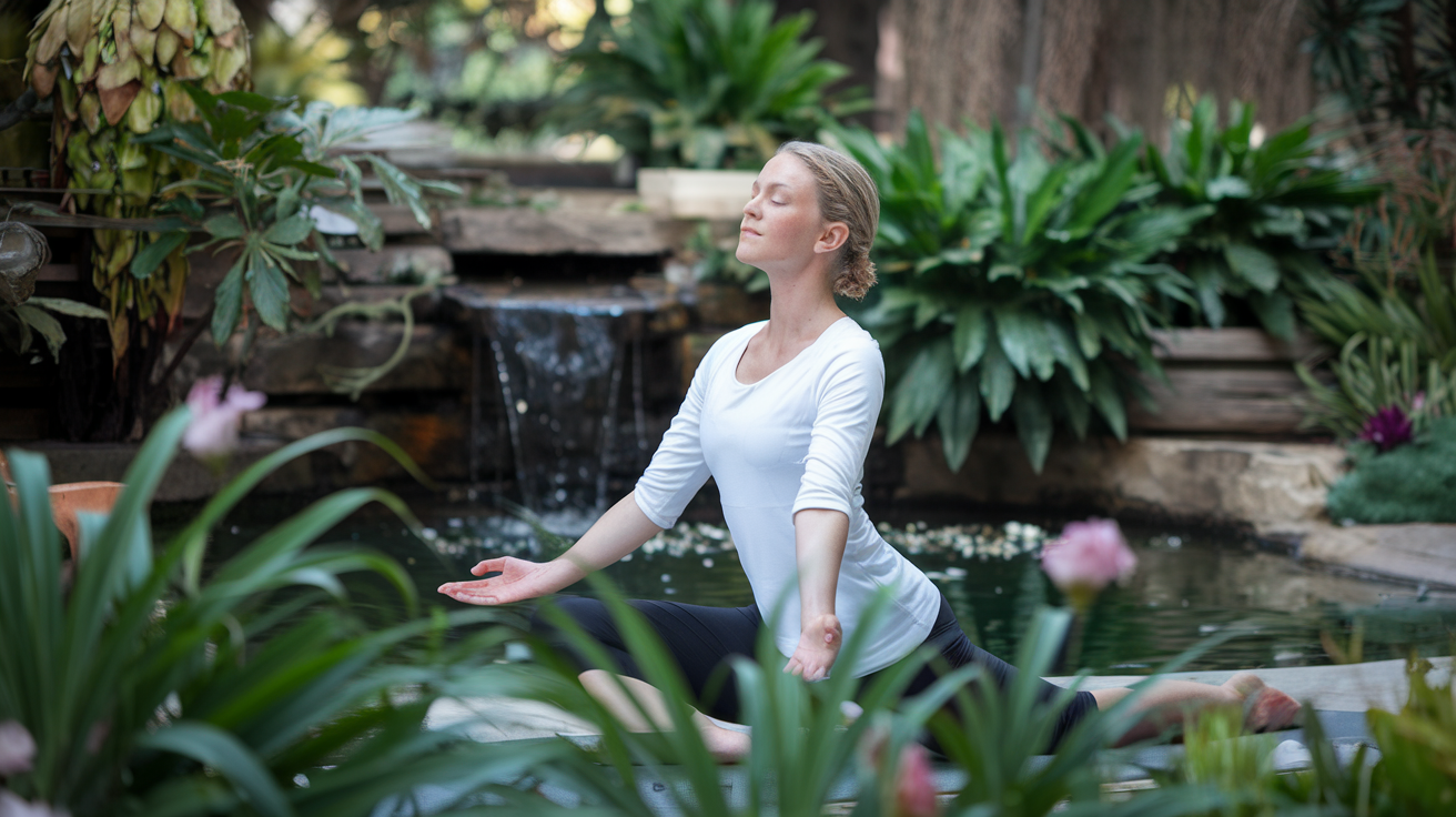 Create a realistic image of a white female in her 30s practicing yoga in a peaceful garden setting, with her eyes closed and a serene expression, surrounded by lush green plants and flowers, with soft natural lighting, and a small waterfall in the background creating a calming atmosphere.