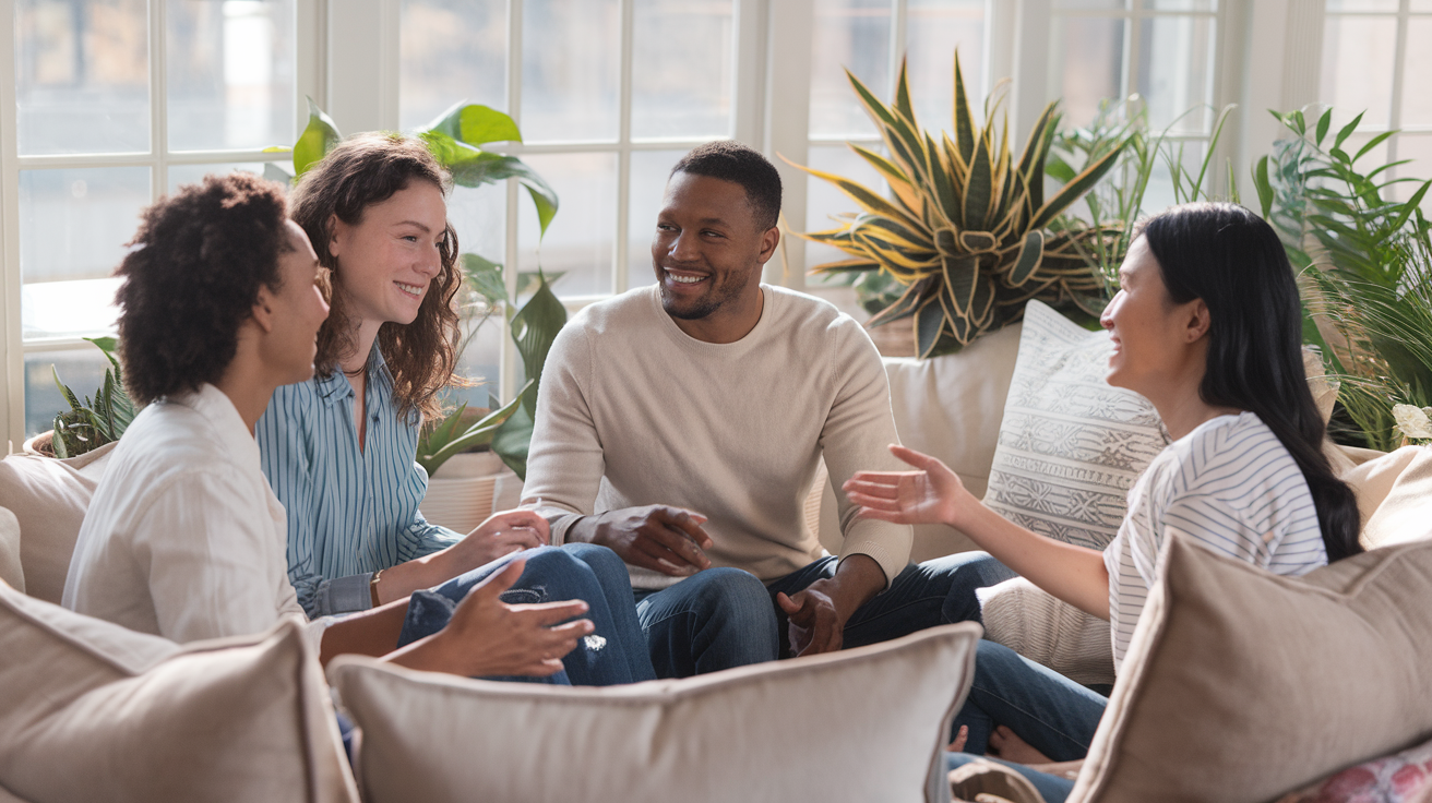 Create a realistic image of a diverse group of people, including a white female, black male, and Asian female, sitting in a circle on comfortable cushions in a bright, airy living room, engaged in friendly conversation, with warm smiles and open body language, surrounded by potted plants and soft, natural lighting streaming through large windows.
