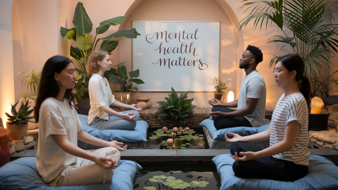 Create a realistic image of a serene meditation space with soft, warm lighting, featuring a diverse group of people practicing mindfulness, including a white female, a black male, and an Asian female, seated on comfortable cushions, eyes closed in peaceful concentration, surrounded by calming elements like potted plants, aromatherapy diffusers, and a small indoor water feature, with a whiteboard in the background displaying "Mental Health Matters" in elegant handwriting.