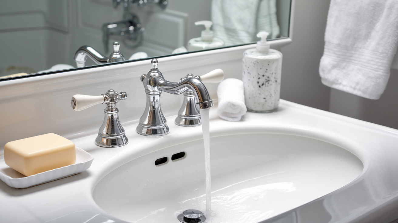 Create a realistic image of a clean, well-lit bathroom with a white porcelain sink, gleaming mirror, and neatly arranged toiletries. A bar of soap sits next to a running faucet with clear water flowing. A soft, fluffy white towel hangs nearby. The overall scene exudes cleanliness and proper hygiene practices.