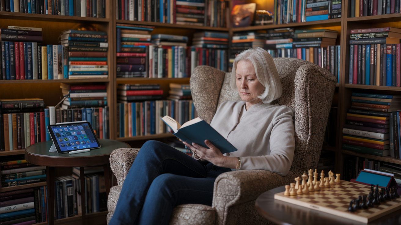 Create a realistic image of a middle-aged white female engrossed in reading a book while sitting in a cozy armchair, surrounded by a wall of bookshelves filled with various colorful books, a chess set on a nearby table, and a tablet displaying a brain-training app, with warm lighting emphasizing the intellectual atmosphere.