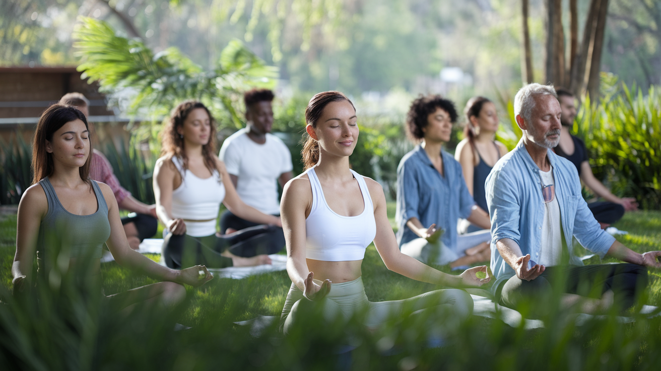 Create a realistic image of a diverse group of people meditating in a serene outdoor setting, with a white female in the foreground smiling peacefully, surrounded by lush greenery and soft sunlight filtering through trees, emphasizing a calm and positive atmosphere.