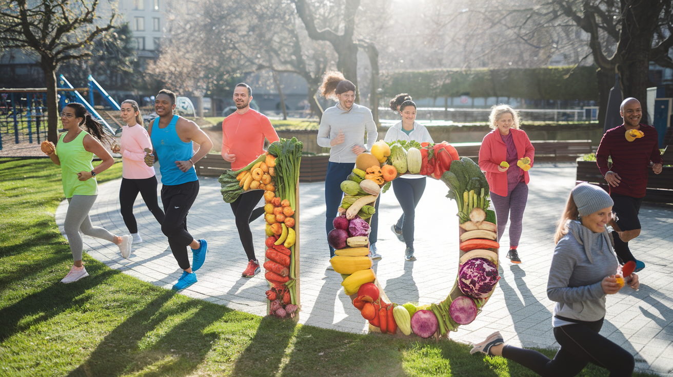 Create a realistic image of a diverse group of smiling people of various ages, races, and genders, engaging in healthy activities like jogging, yoga, and eating fresh fruits and vegetables in a bright, sun-filled park, with a prominent "10" symbol made of colorful vegetables in the foreground, symbolizing the 10 secrets to good health.