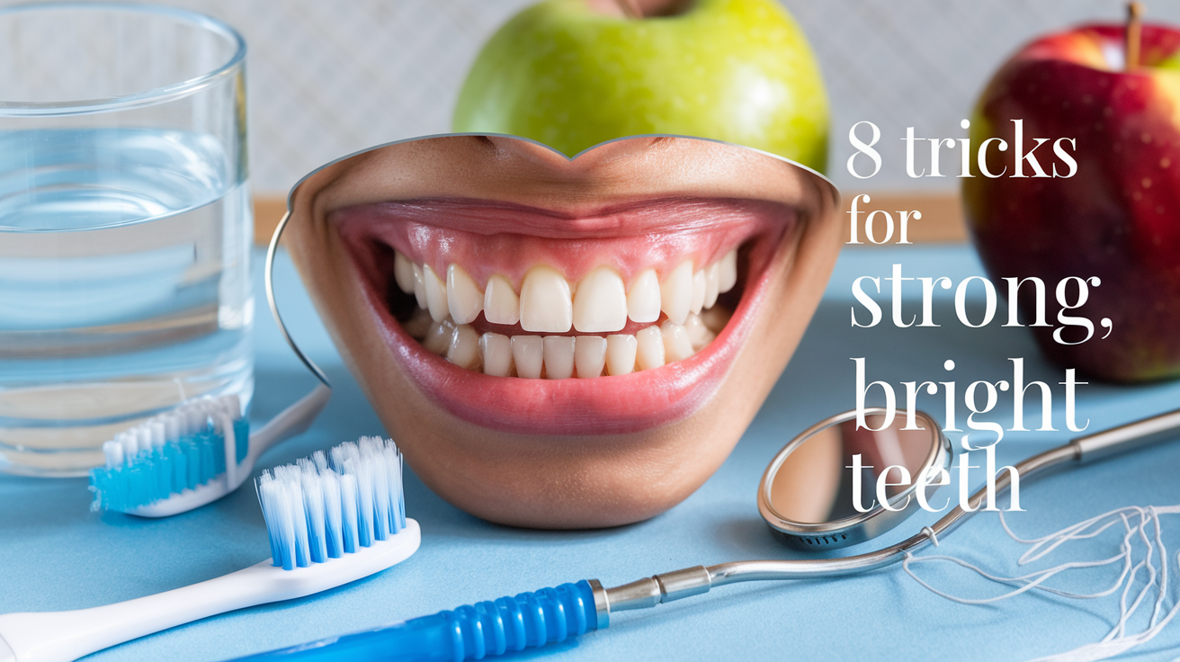 Create a realistic image of a bright, white smile with healthy teeth and gums, surrounded by dental care products including a toothbrush, floss, mouthwash, and a healthy apple. Include a glass of water and a dental mirror reflecting the smile. Add text overlay "8 Tricks for Strong, Bright Teeth" in a clean, modern font.