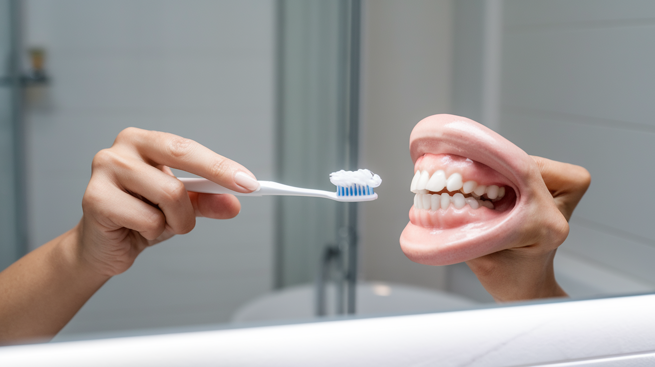 Create a realistic image of a white female hand holding a toothbrush with toothpaste, demonstrating proper circular brushing technique on a set of white, healthy teeth visible in a bathroom mirror, with soft lighting and a clean, modern bathroom background.