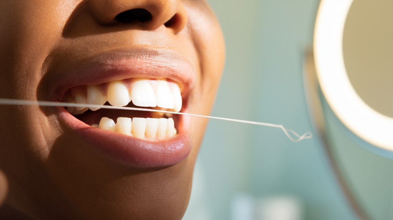 Create a realistic image of a close-up view of a person's mouth and teeth, with dental floss being used between two teeth, showcasing the effectiveness of flossing in removing plaque and food particles, set against a soft, light blue bathroom background with a mirror partially visible, and warm, bright lighting highlighting the cleanliness and shine of the teeth.