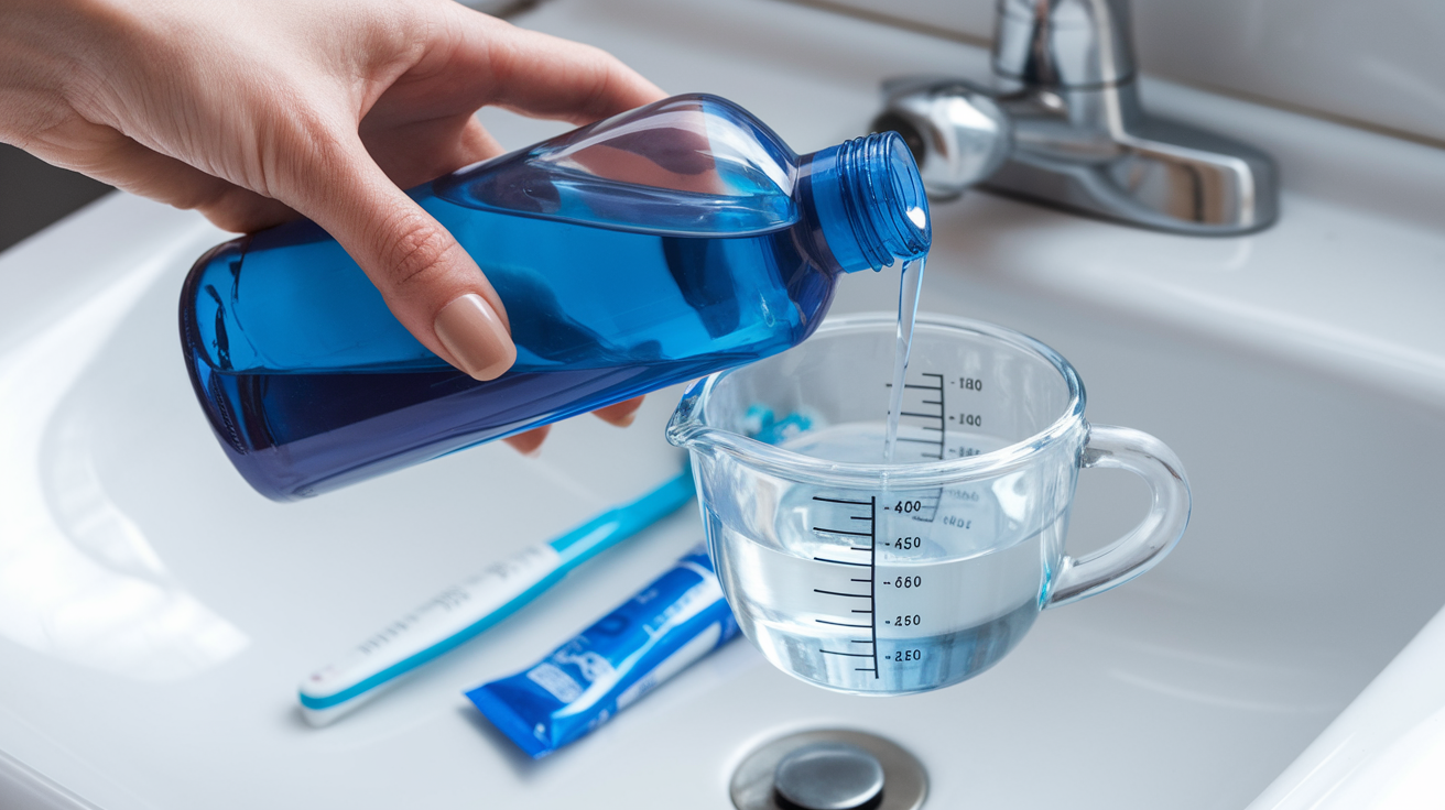 Create a realistic image of a white female hand holding a blue bottle of mouthwash, pouring it into a clear glass measuring cup against a white bathroom sink background, with a toothbrush and toothpaste tube visible nearby, bright lighting emphasizing the liquid's color and clarity.
