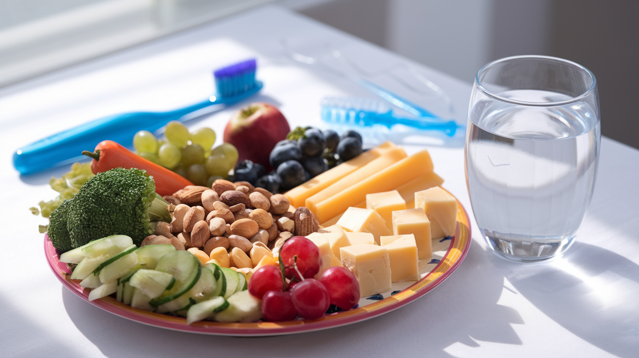 Create a realistic image of a colorful plate filled with tooth-friendly foods like crunchy vegetables, nuts, cheese cubes, and fresh fruits, placed on a clean white tablecloth next to a glass of water, with a toothbrush and dental floss in the background, all under bright natural lighting to emphasize freshness and dental health.