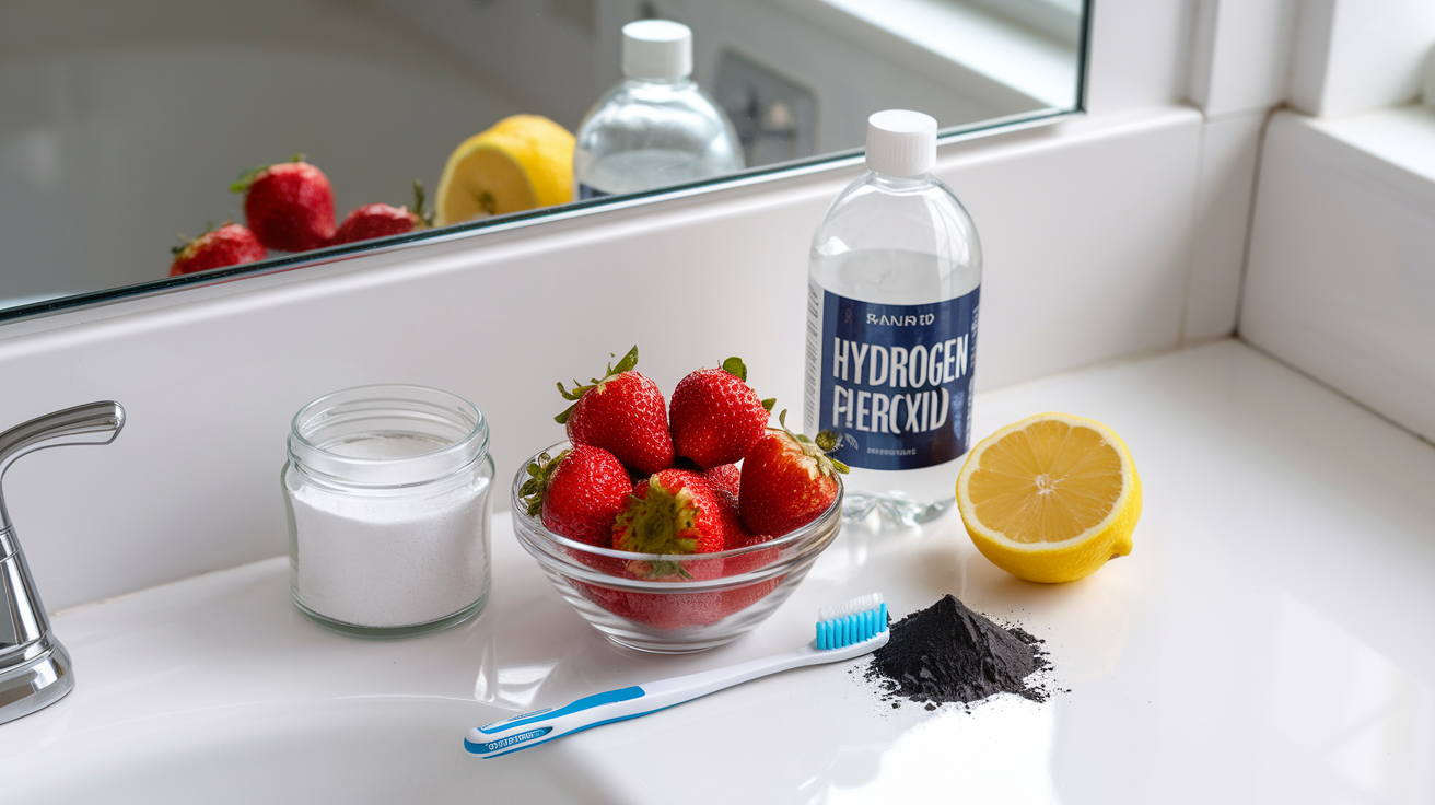 Create a realistic image of a bathroom countertop with natural teeth whitening ingredients arranged neatly, including a bowl of mashed strawberries, a small jar of baking soda, a bottle of hydrogen peroxide, activated charcoal powder, and a sliced lemon, with a white toothbrush and gleaming white teeth visible in the mirror above the counter, all under bright, natural lighting.