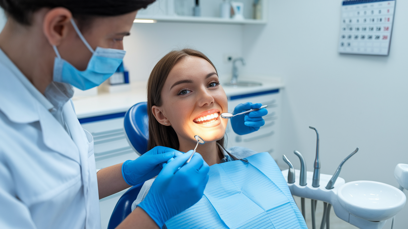 Create a realistic image of a white female patient sitting in a dental chair, smiling to show her bright, healthy teeth while a dentist in a white coat examines her teeth with a dental mirror, surrounded by modern dental equipment in a clean, well-lit clinic setting, with a wall calendar visible in the background emphasizing regular check-ups.