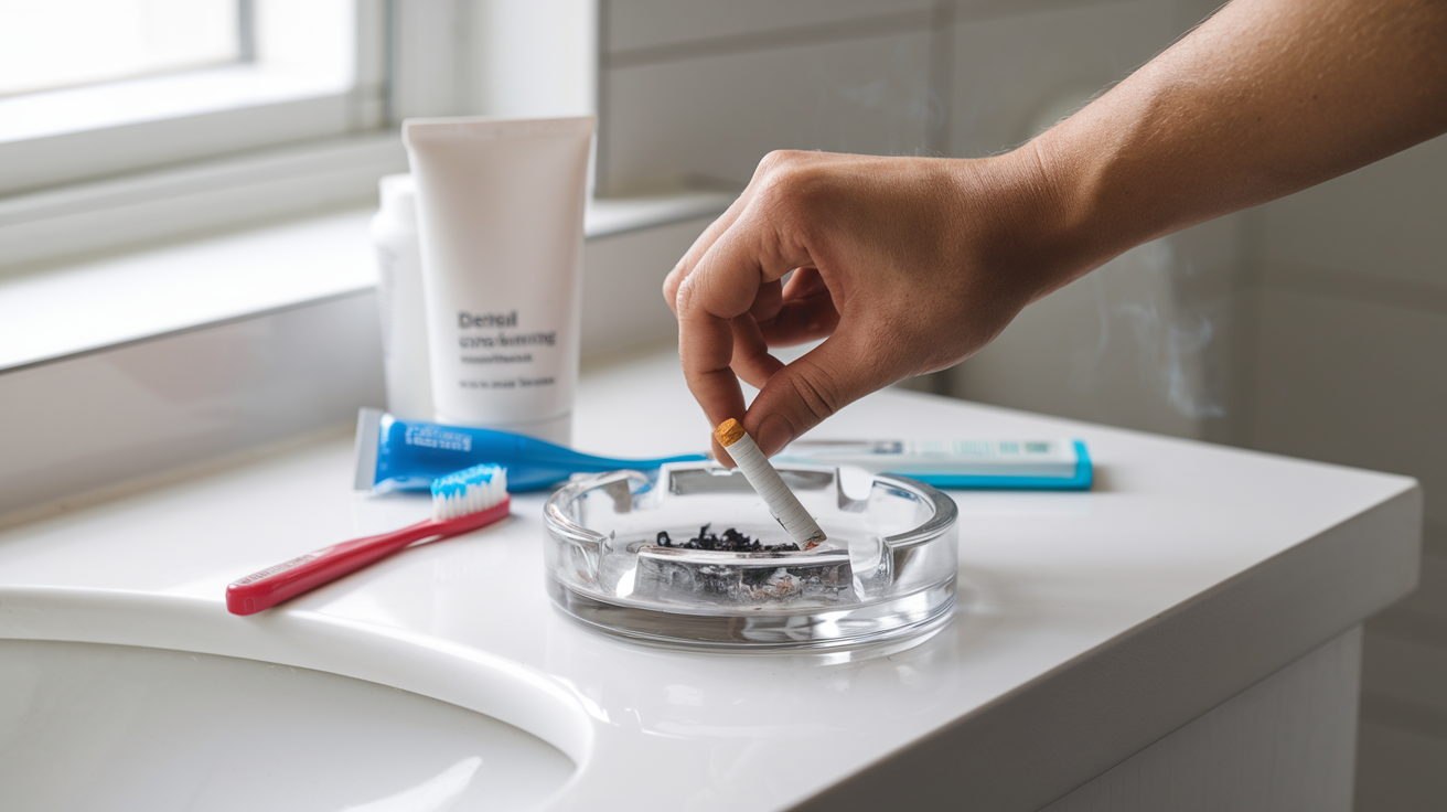 Create a realistic image of a hand crushing a cigarette in an ashtray, with a toothbrush and toothpaste tube in the background, all set on a bathroom counter with bright lighting to emphasize dental care products and quitting smoking for better oral health.