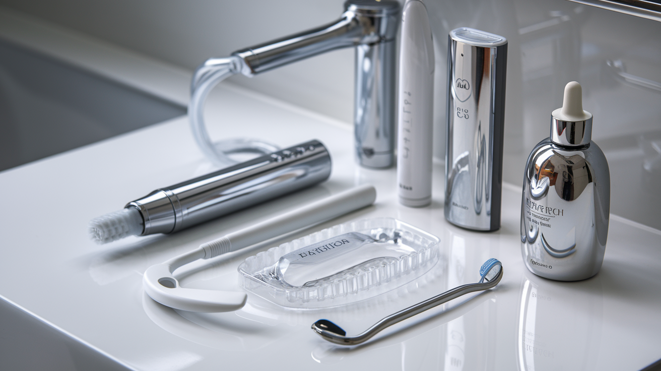 Create a realistic image of an array of advanced oral care products on a sleek white bathroom counter, including an electric toothbrush, water flosser, teeth whitening kit, tongue scraper, and specialized mouthwash, with soft lighting reflecting off the chrome and plastic surfaces, conveying a sense of cleanliness and dental hygiene innovation.