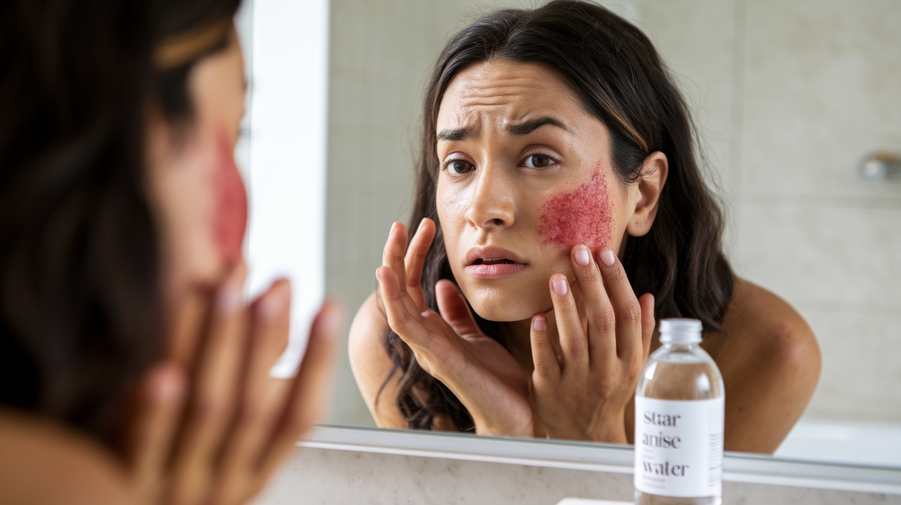Create a realistic image of a close-up of a woman's face showing mild skin irritation with redness on her cheek, looking concerned as she examines her skin in a bathroom mirror, with a small bottle of star anise water visible on the counter beside her, soft natural lighting highlighting the skin texture, representing possible side effects of natural skincare products.