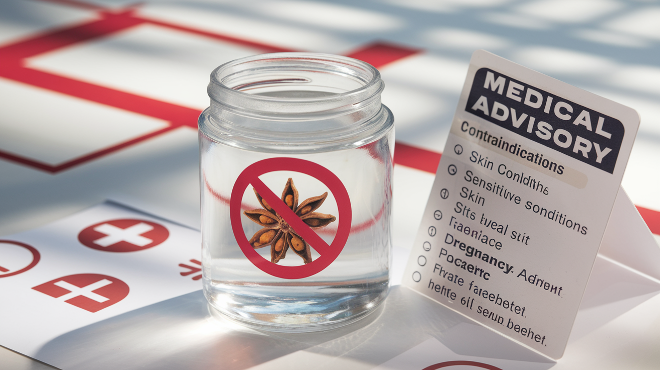 Create a realistic image of a glass jar of star anise water with a prohibition symbol or a red cross over it, placed next to a medical advisory card listing contraindications, with soft natural lighting emphasizing caution, and background elements showing sensitive skin conditions or pregnancy symbols to highlight who should avoid using this product.