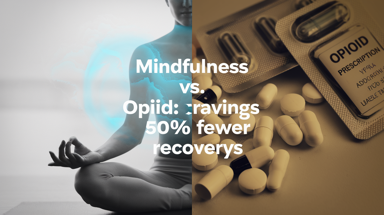 Create a realistic image of a split-screen comparison showing a peaceful person in meditation pose on one side with a soft blue glow representing mindfulness and calm, and on the other side prescription opioid pills scattered on a surface with a warning label. Include the text "Mindfulness vs. Opioids: 50% Fewer Cravings" prominently in the center dividing the two sides. The background should fade from light to dark to symbolize the journey from addiction to recovery.