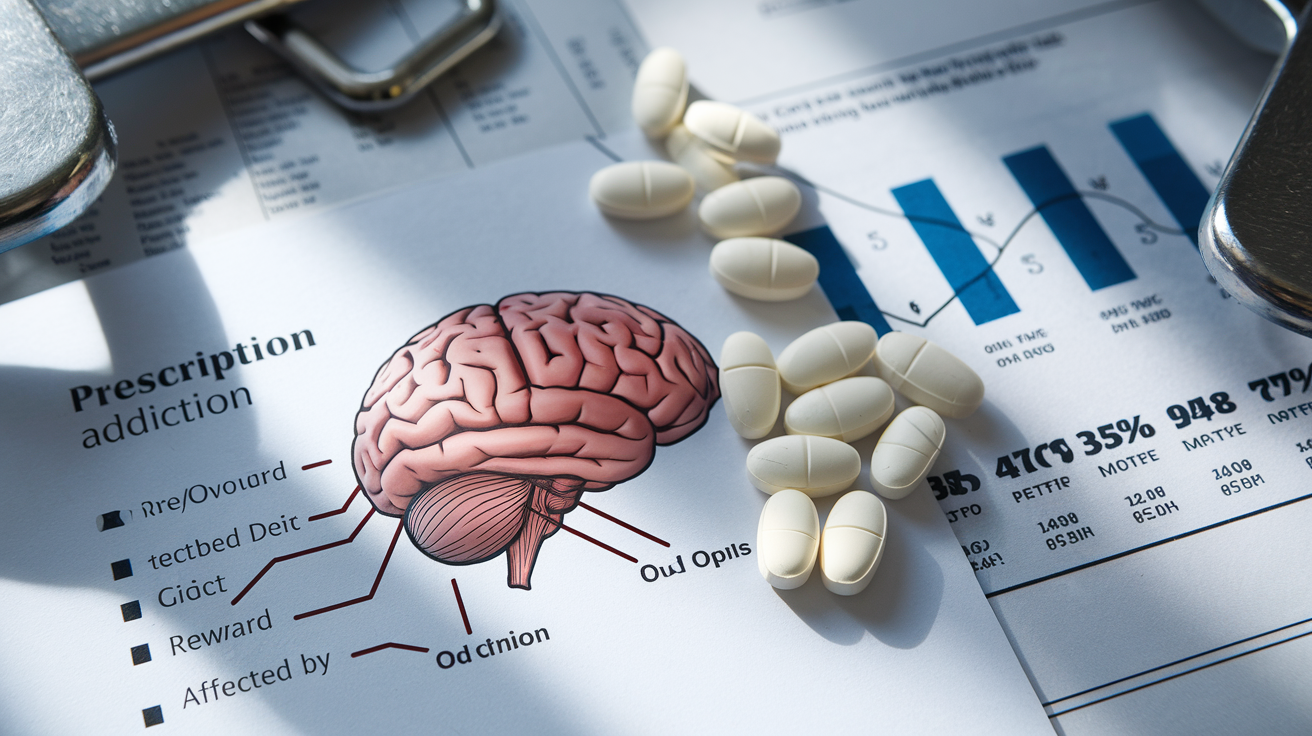 Create a realistic image of prescription opioid pills scattered beside a brain diagram highlighting the reward pathways affected by addiction, with medical charts showing statistics of OUD prevalence in the background, and a subtle shadow of restraints symbolizing the imprisoning nature of addiction, all presented in a clinical, educational setting with soft, somber lighting.