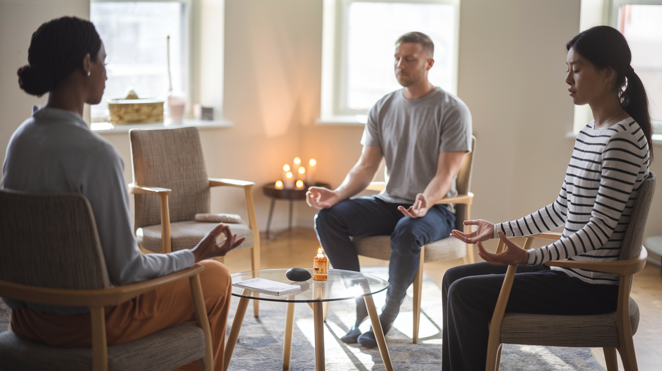 Create a realistic image of a serene therapy room where a diverse group (black female therapist, white male patient, Asian female patient) sits in a circle practicing mindfulness meditation, with MORE program materials visible on a small table, soft natural lighting streaming through windows, and a subtle contrast between peaceful meditation tools and a small pill bottle pushed to the side, symbolizing the shift from medication to mindfulness techniques.