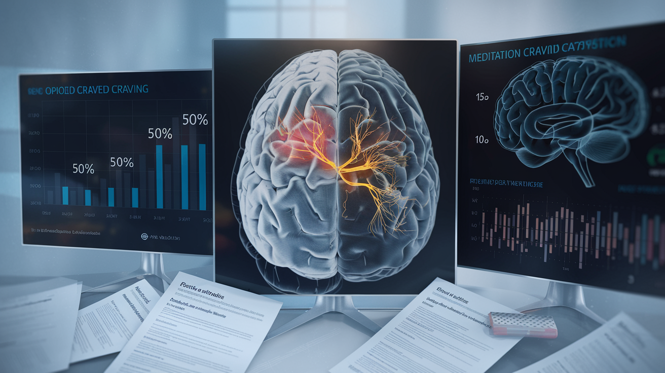 Create a realistic image of a split-screen scientific visualization showing brain scans with highlighted reward pathways on one side and meditation data on the other, with graphs displaying declining opioid craving statistics (showing 50% reduction), research papers scattered below, and a soft blue-white clinical lighting creating a professional, evidence-based atmosphere.