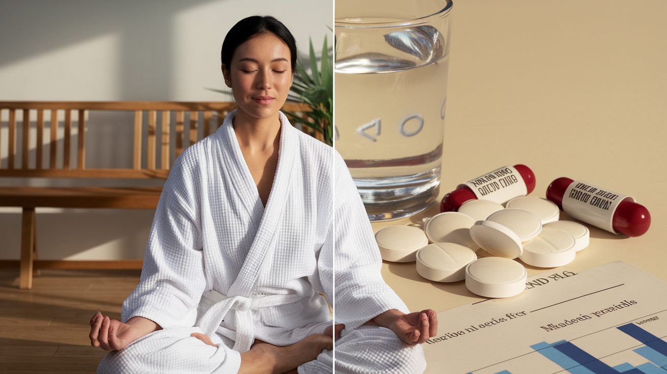 Create a realistic image of a split-screen comparison showing on the left side a serene Asian female practitioner meditating peacefully in a sunlit room with a subtle smile, while the right side shows prescription opioid pills scattered next to a glass of water with warning labels visible, contrasted by a chart or graph indicating 50% reduction in cravings for those practicing mindfulness techniques.