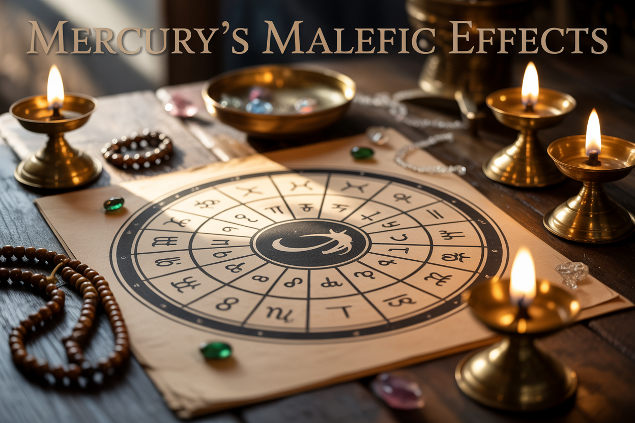 Create a realistic image of an ancient astrological chart or manuscript with Mercury planet symbol prominently displayed in the center, surrounded by Sanskrit/Tamil astrological symbols and zodiac signs, placed on an ornate wooden table with brass oil lamps creating warm golden lighting, include scattered gemstones (emerald) and traditional prayer beads around the chart, add mystical atmosphere with soft candlelight casting shadows, and overlay the text "Mercury
