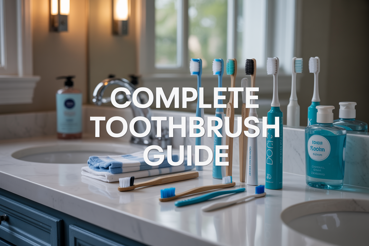 Create a realistic image of a clean, modern bathroom counter with multiple types of toothbrushes (manual, electric, and bamboo) neatly arranged alongside dental care accessories like toothpaste, dental floss, and mouthwash, with soft natural lighting from a window, featuring the text "Complete Toothbrush Guide" overlaid in clean, modern typography, shot from a slightly elevated angle to showcase the variety of oral care products in an organized, hygienic setting with white marble countertops and subtle blue accents.