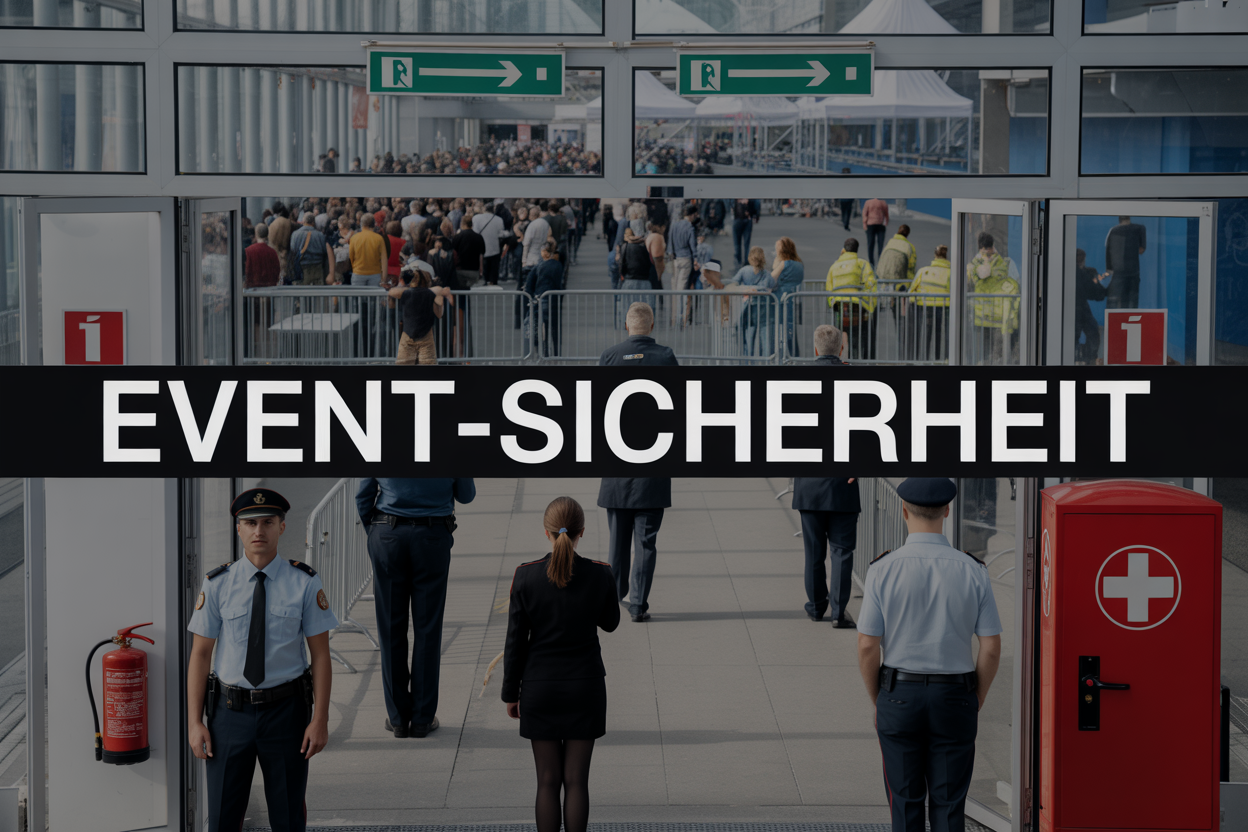 Create a realistic image of a professional event security scene showing a large indoor venue with multiple safety elements visible: security personnel in uniforms (including both white male and black female security guards) positioned at entry points, clearly marked emergency exit signs with green lighting, fire extinguishers mounted on walls, a first aid station with red cross symbol, crowd barriers organizing visitor flow, and modern security monitoring equipment, all under bright professional lighting with the text "EVENT-SICHERHEIT" prominently displayed in bold white letters across the top of the image, conveying a sense of organized safety and professional event management.