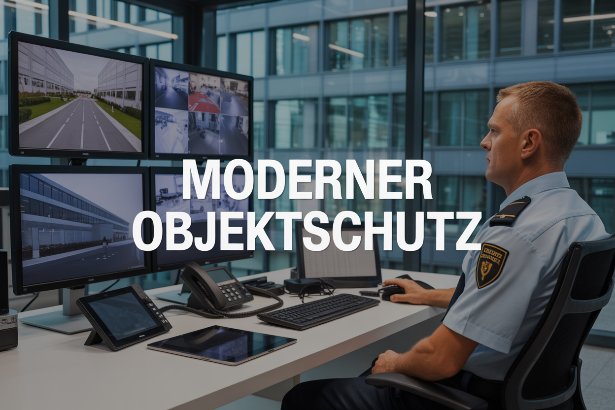 Create a realistic image of a modern security control room with multiple high-tech monitors displaying security camera feeds and building layouts, featuring a professional white male security officer in uniform monitoring the screens, with sleek modern security equipment including tablets and communication devices on the desk, complemented by a contemporary office environment with clean lighting, glass panels showing a corporate building exterior in the background, and the German text "MODERNER OBJEKTSCHUTZ" prominently displayed as an overlay on the image, conveying a professional and technologically advanced security service atmosphere.