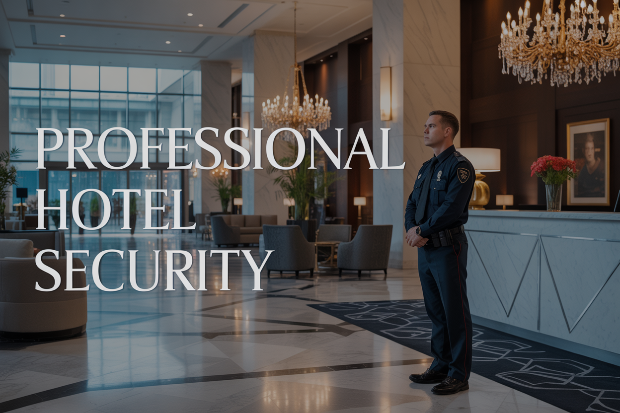 Create a realistic image of a modern upscale hotel lobby with marble floors and contemporary furniture, featuring a professional white male security guard in a dark uniform standing attentively near the reception desk, with elegant lighting from chandeliers creating a sophisticated atmosphere, and overlay text reading "Professional Hotel Security" in clean, modern typography positioned in the upper portion of the image.