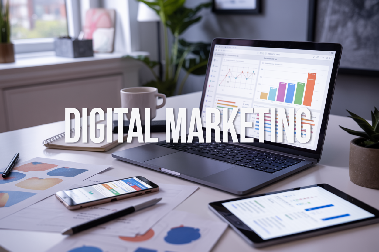 Create a realistic image of a modern office workspace with a sleek laptop displaying colorful digital marketing analytics dashboards and charts on the screen, surrounded by a smartphone showing social media feeds, a tablet with email marketing interface, scattered marketing strategy notes, a coffee cup, and a potted plant, set against a clean white desk with soft natural lighting from a window, featuring the text "DIGITAL MARKETING" in bold modern typography overlaid on the scene, conveying a professional and strategic business atmosphere.
