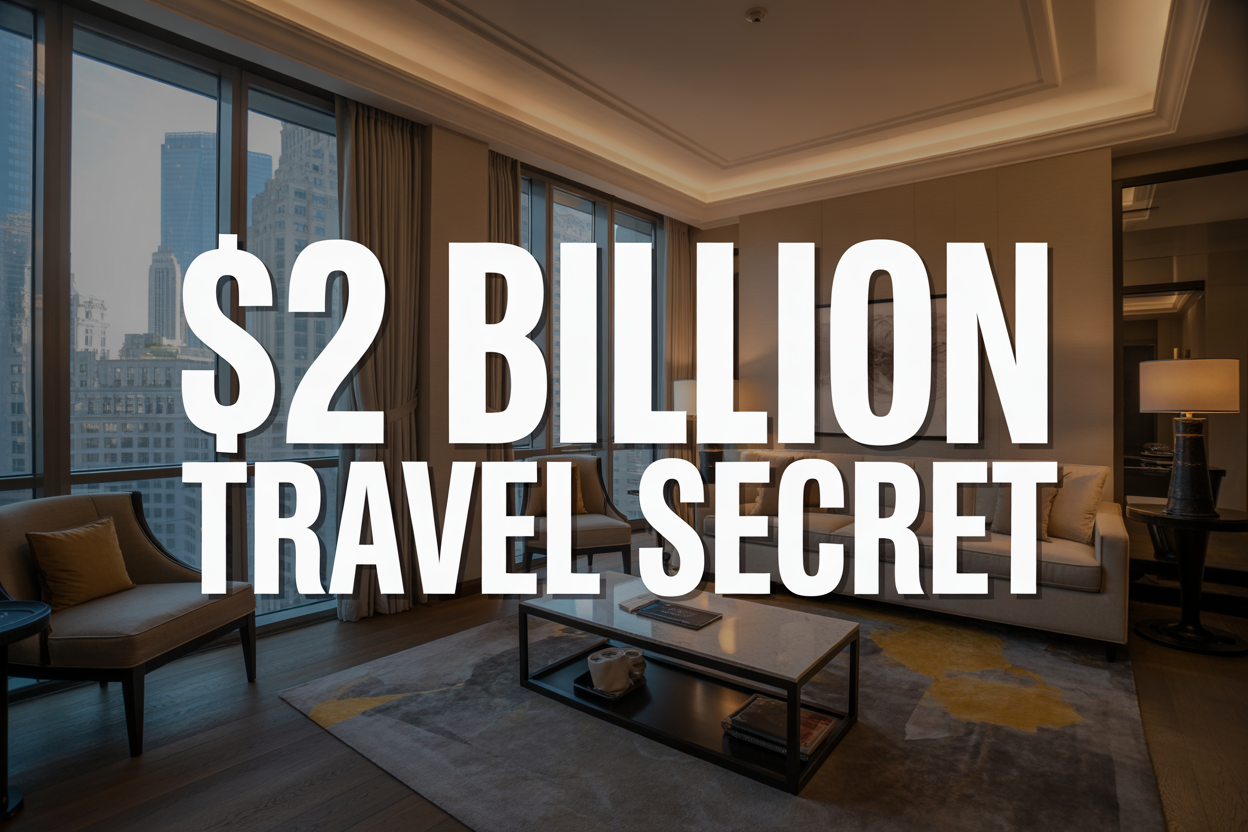 Create a realistic image of a luxurious hotel suite interior with modern furnishings, floor-to-ceiling windows showing city skyline, elegant living area with plush sofa and coffee table, professional lighting, alongside a subtle overlay showing dollar signs and the text "$2 Billion Travel Secret" in bold white letters, with a mysterious atmosphere suggesting hidden knowledge, warm ambient lighting creating an exclusive and sophisticated mood.