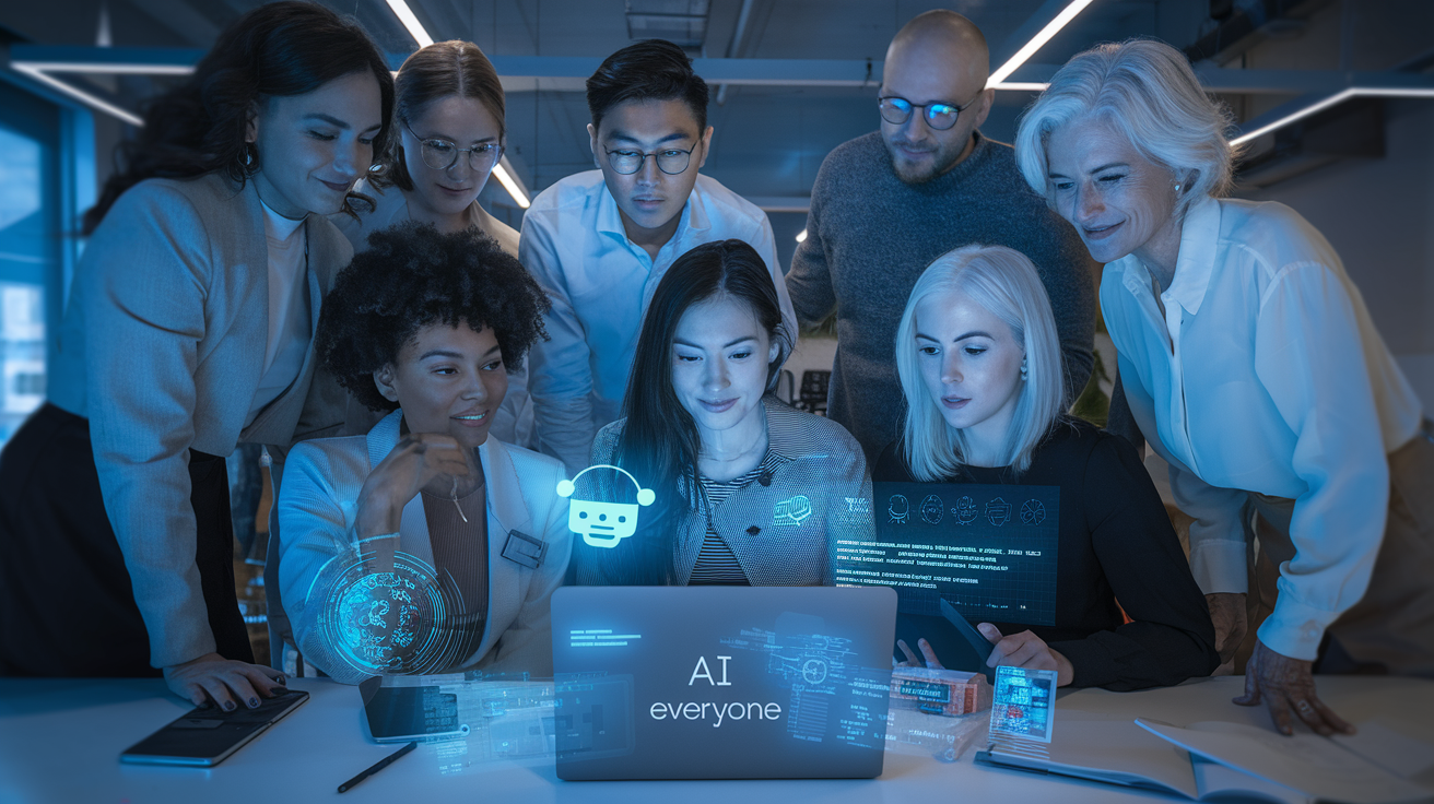Create a realistic image of a diverse group of non-technical professionals (including a Black female, Asian male, and White female) gathered around a laptop displaying AI course interfaces, with digital elements like chatbots and code snippets floating above in a holographic display, all bathed in soft blue lighting against a modern workspace background, with the text "AI for Everyone" subtly appearing in the holographic projection.