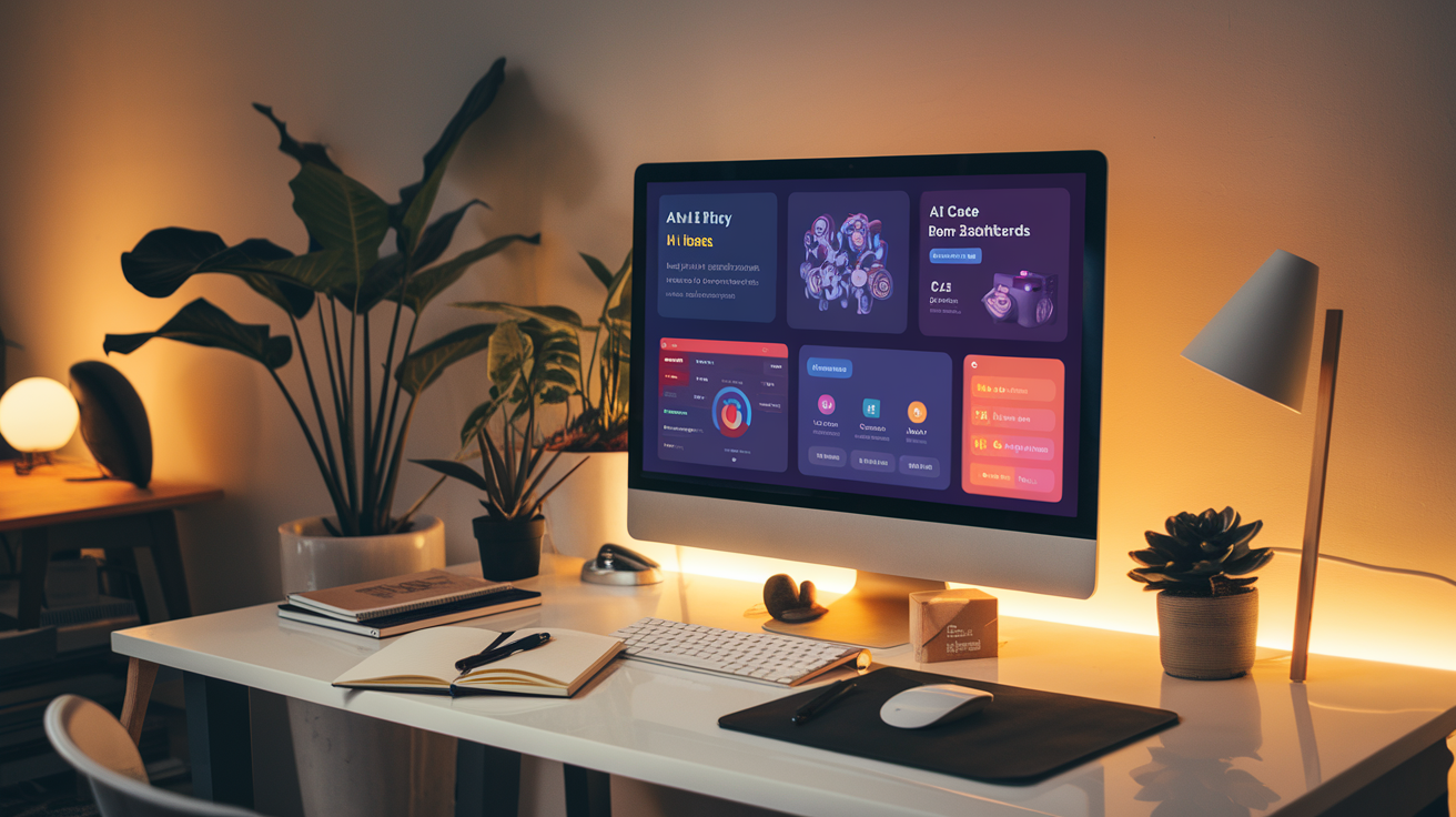 Create a realistic image of a minimalist desk workspace with various AI tools displayed on a computer screen, showing visual programming interfaces like drag-and-drop editors, no-code platforms, and AI course dashboards, with a notebook and pen beside the keyboard, warm ambient lighting, and a cup of coffee to convey a productive learning environment for non-coders exploring AI tools.