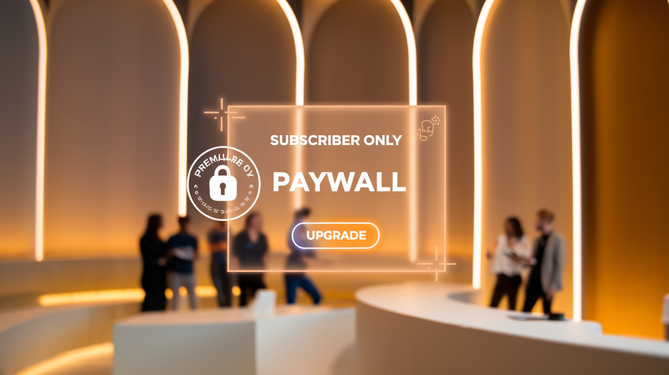 Create a realistic image of a premium content area with a translucent paywall overlay, showing a blurred background of diverse people learning AI concepts, with a prominent "Subscriber Only" badge, a small lock icon, and a glowing "Upgrade" button, all set against a modern, professional backdrop with subtle tech-themed elements and warm, inviting lighting.