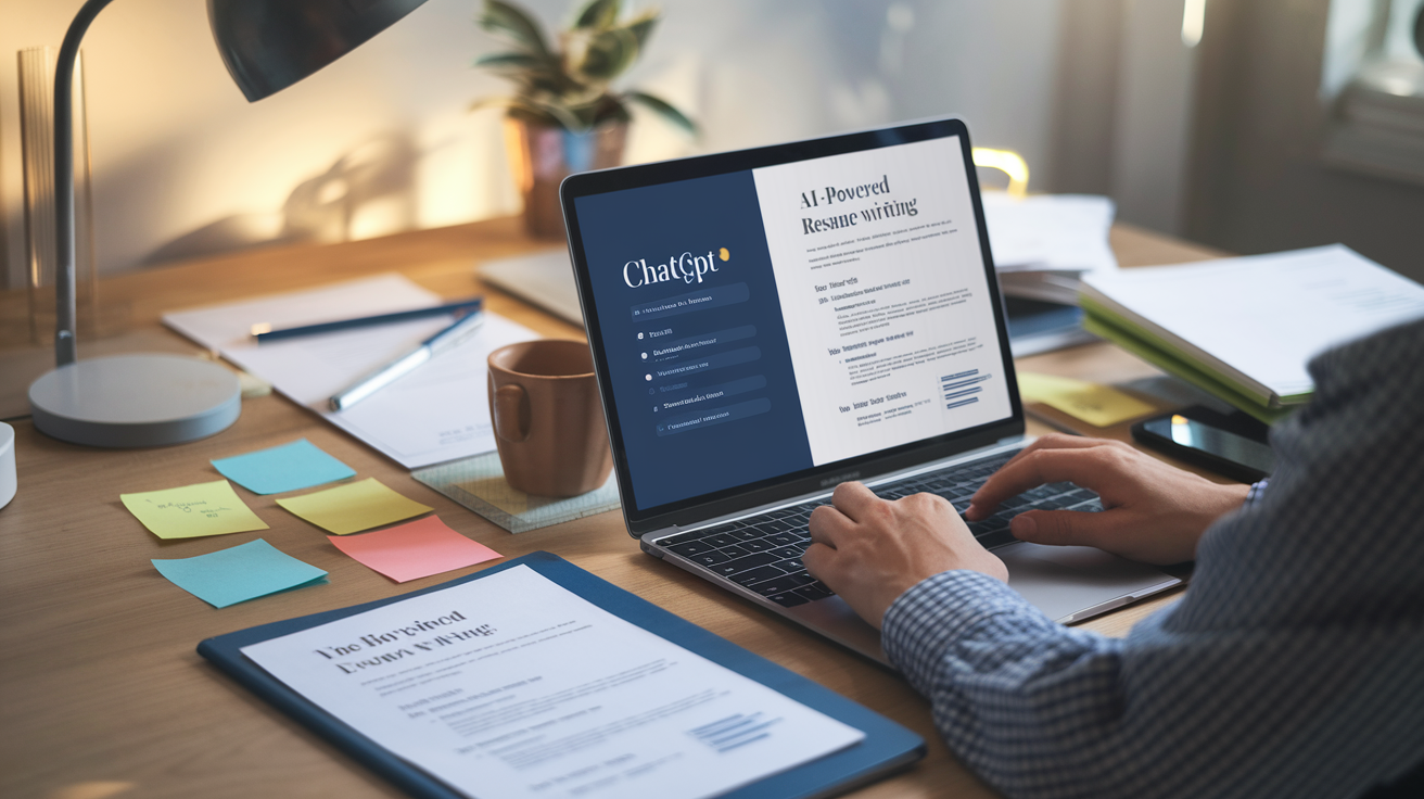 Create a realistic image of a professional desk workspace with a laptop displaying ChatGPT interface on one side and a polished resume document on the other, a person's hands typing on the keyboard, sticky notes with resume writing tips, coffee mug, and soft office lighting creating a productive atmosphere, with the text "AI-Powered Resume Writing" visible.