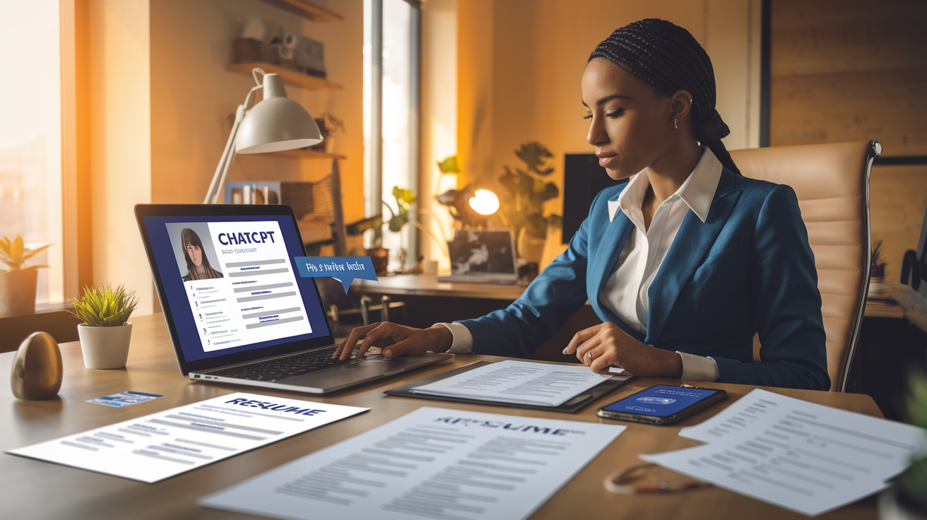 Create a realistic image of a professional Black female in business attire sitting at a modern desk, using a laptop displaying a resume template with ChatGPT interface visible on screen, with various resume drafts and a smartphone showing AI capabilities nearby, warm office lighting creating a productive atmosphere, symbolizing the enhancement of resume writing through AI technology.