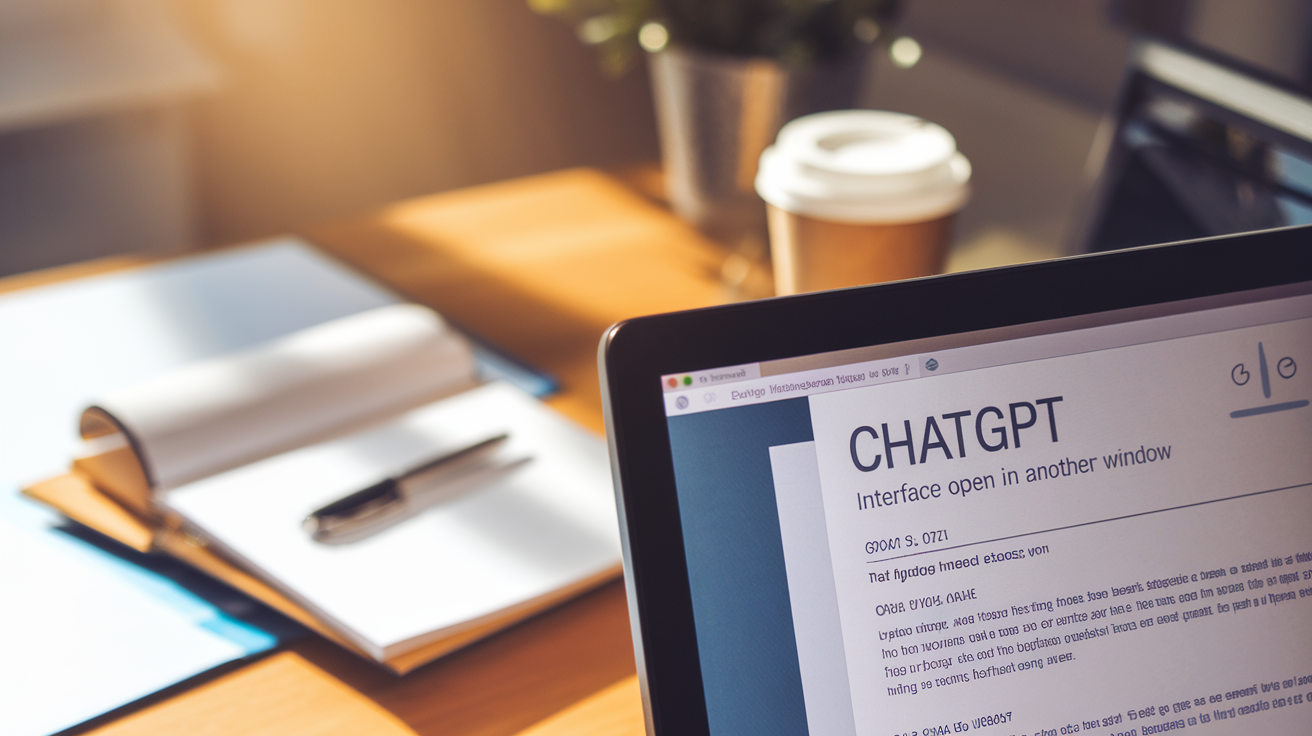 Create a realistic image of a close-up of a computer screen displaying a partially written resume with ChatGPT interface open in another window showing prompt suggestions for resume sections, with a notepad, pen, and coffee cup on the desk, in warm indoor lighting creating a productive atmosphere.
