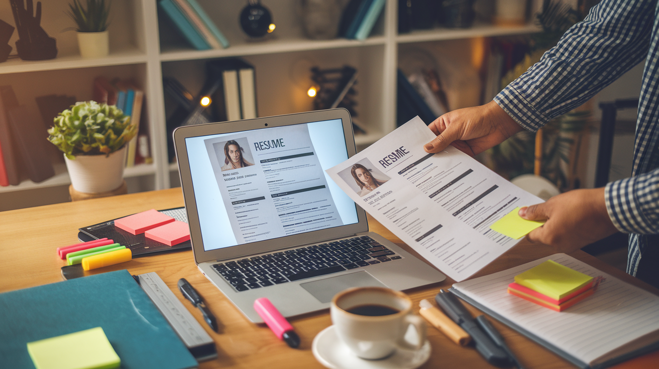 Create a realistic image of a professional desk space where a person's hands (gender-neutral) are visible comparing a resume document with a job posting on a laptop screen, with highlighting markers, post-it notes, and a cup of coffee nearby, showing the process of customizing resume content to match specific job requirements, in warm indoor lighting that creates a productive atmosphere.
