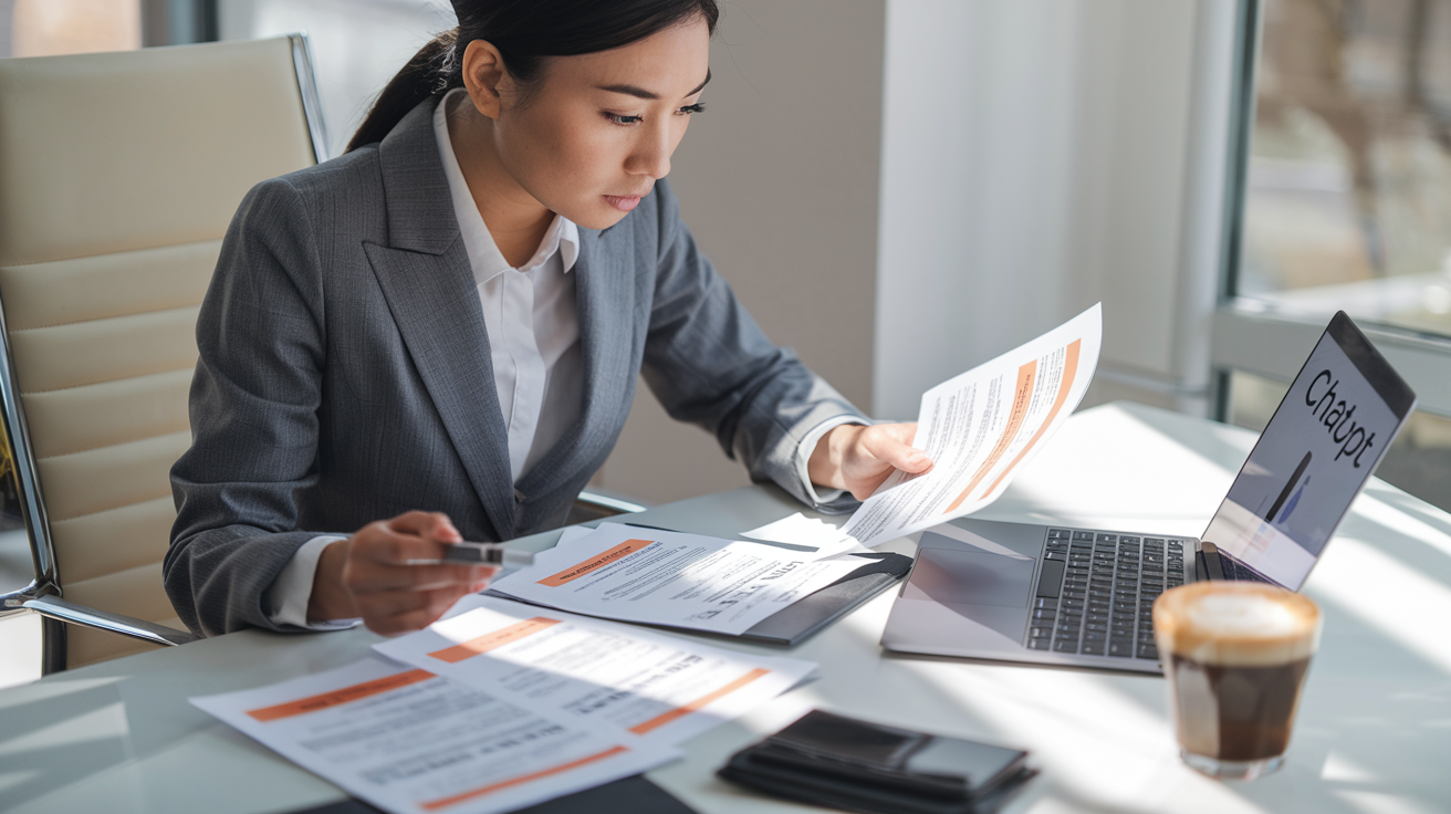 Create a realistic image of a professional Asian female in business attire sitting at a modern desk, reviewing and refining a resume on her laptop with ChatGPT interface visible on the screen, papers with highlighted edits nearby, a cup of coffee, and soft natural lighting creating a productive atmosphere.