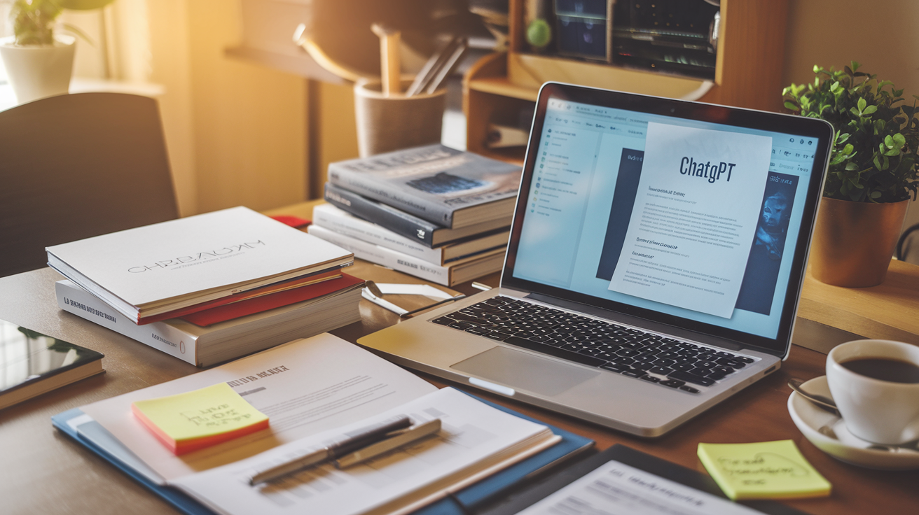 Create a realistic image of a professional workspace where a person is using advanced AI tools to optimize a resume, with a laptop screen displaying a ChatGPT interface side by side with a polished resume document, surrounded by productivity books, sticky notes with optimization tips, and a cup of coffee, all under warm natural lighting creating a focused, productive atmosphere.