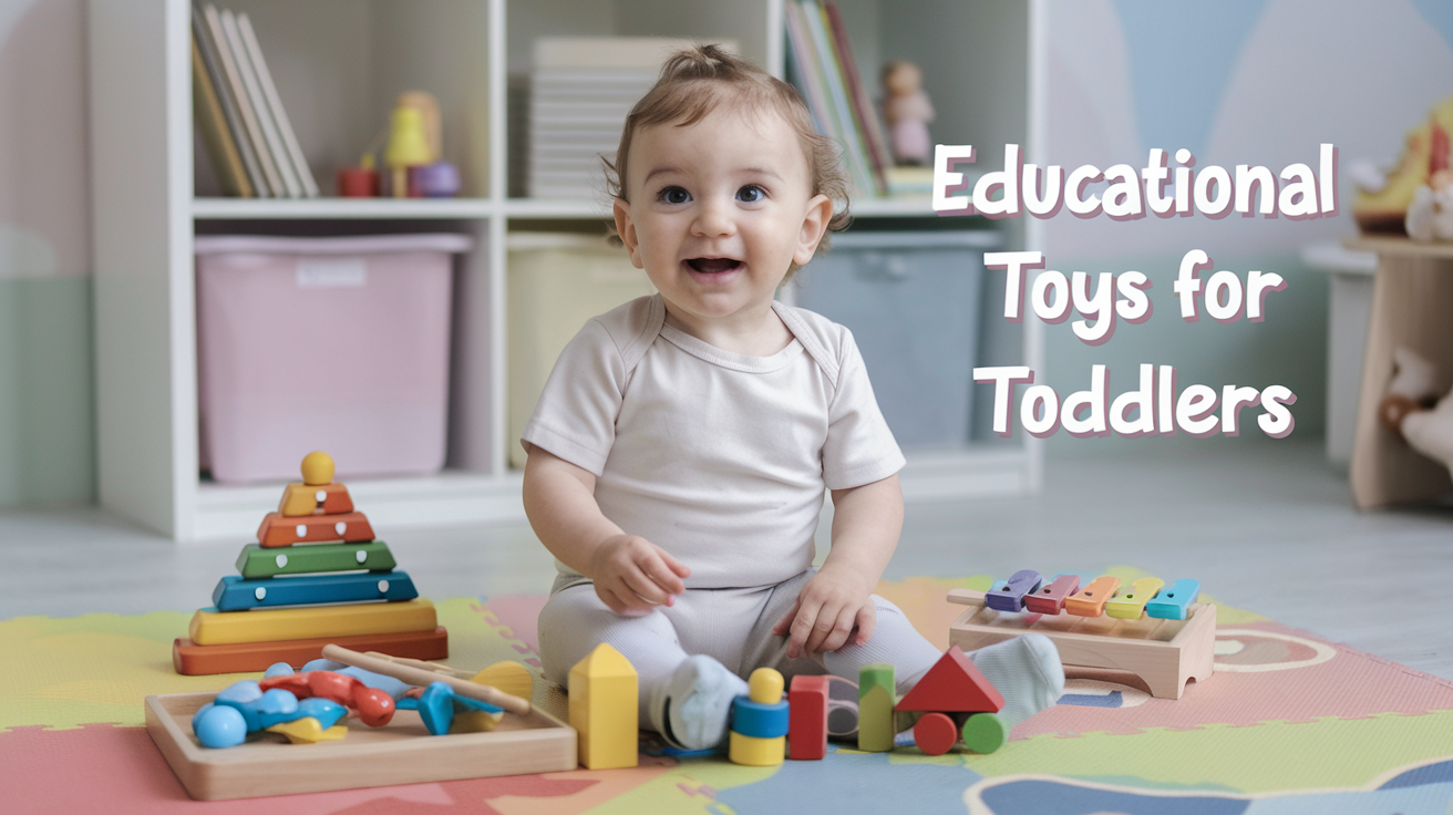 Create a realistic image of a cheerful toddler sitting on a colorful play mat surrounded by various educational toys including wooden building blocks, a shape sorter, a small xylophone, and a simple jigsaw puzzle. The scene is well-lit, set in a bright nursery with soft pastel colors. Include the text "Educational Toys for Toddlers" in playful, child-friendly font in the upper right corner of the image.