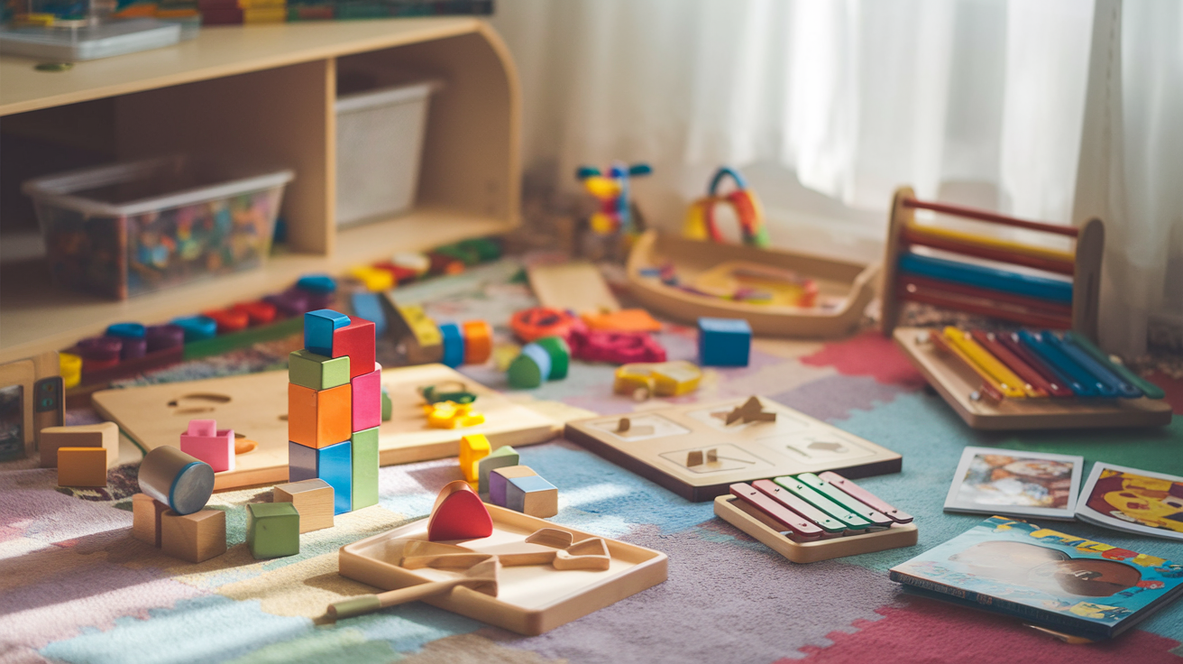 Create a realistic image of a colorful playroom with various educational toys for toddlers scattered on the floor, including wooden blocks, shape sorters, puzzles, a mini xylophone, and picture books, with soft natural light coming through a window, creating a warm and inviting atmosphere for learning and play.