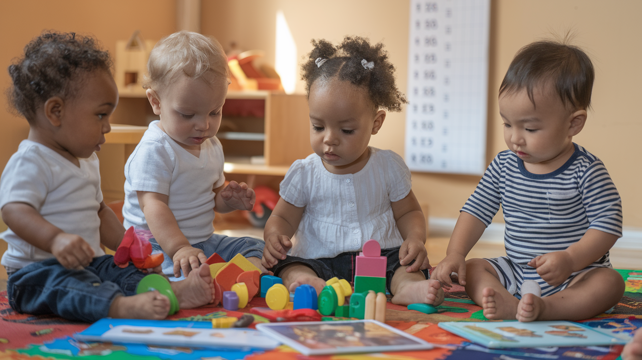 Create a realistic image of a diverse group of toddlers (white male, black female, Asian male) sitting on a colorful play mat, engaging with various educational toys such as building blocks, shape sorters, and picture books, with a warm, well-lit nursery setting in the background, and a growth chart visible on the wall to emphasize development.